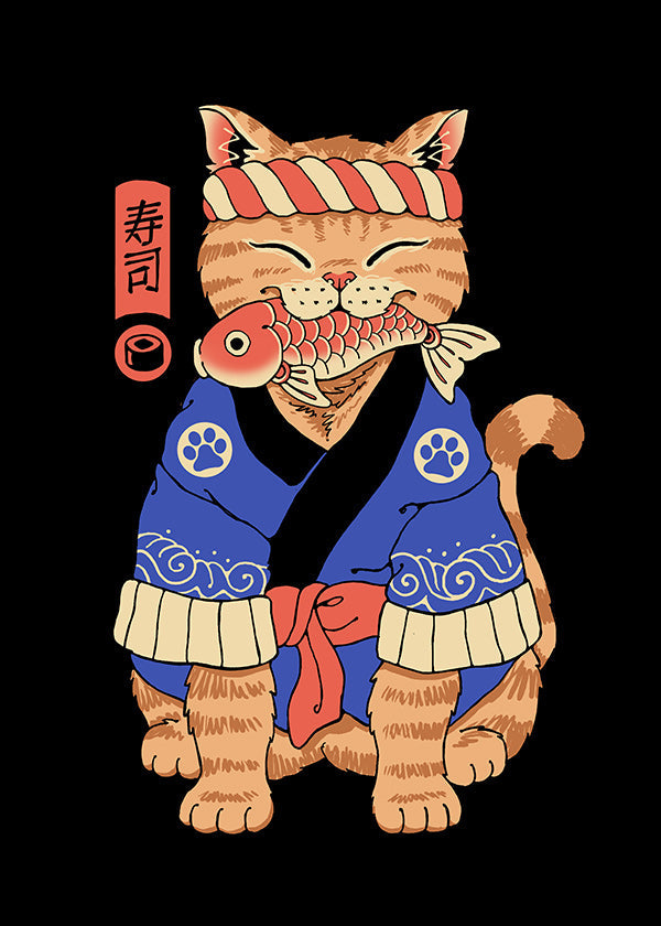 Cuadro gato ilustrado japonés con pez