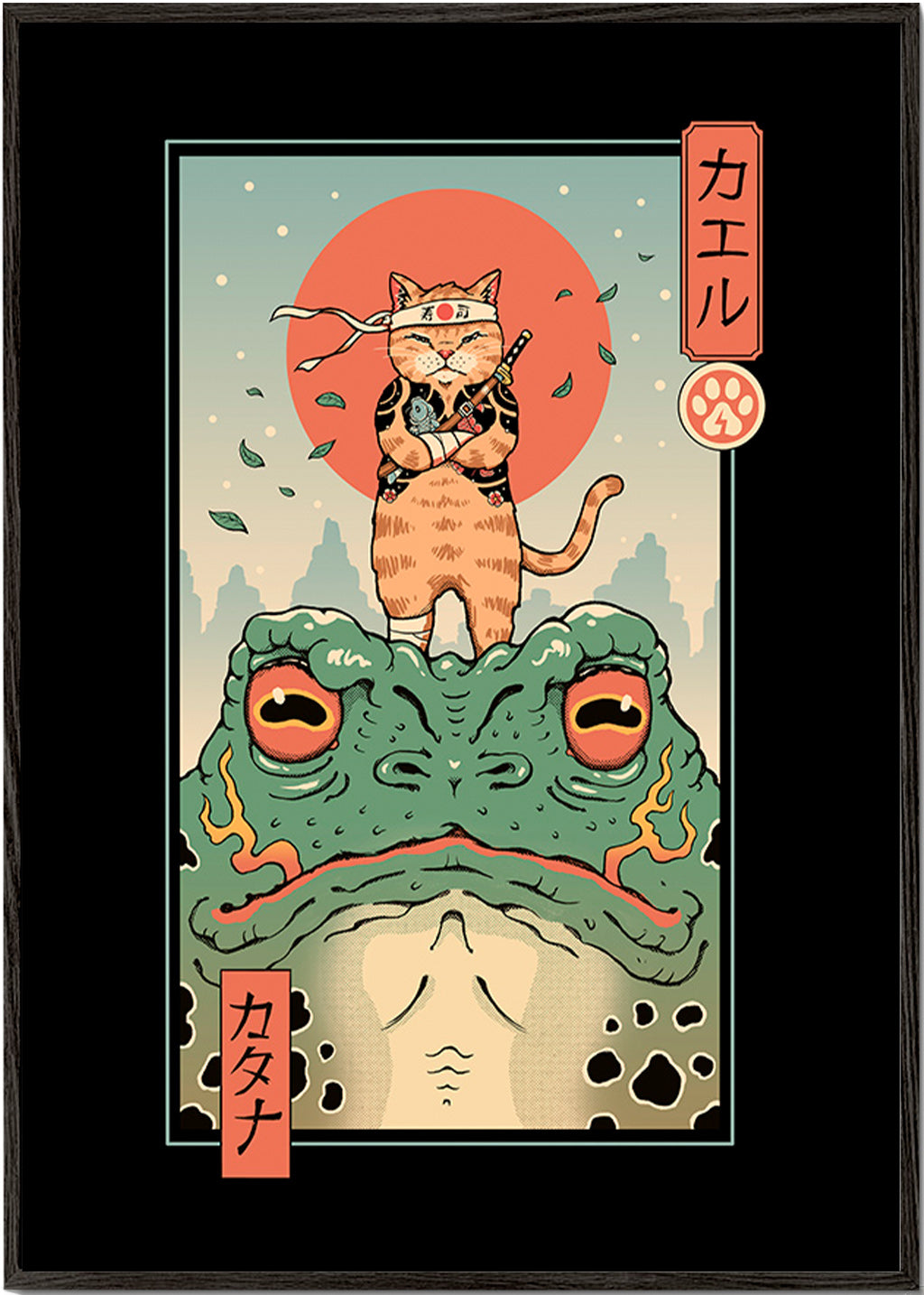 Cuadro gato samurái sobre rana ilustrada – Black Frame