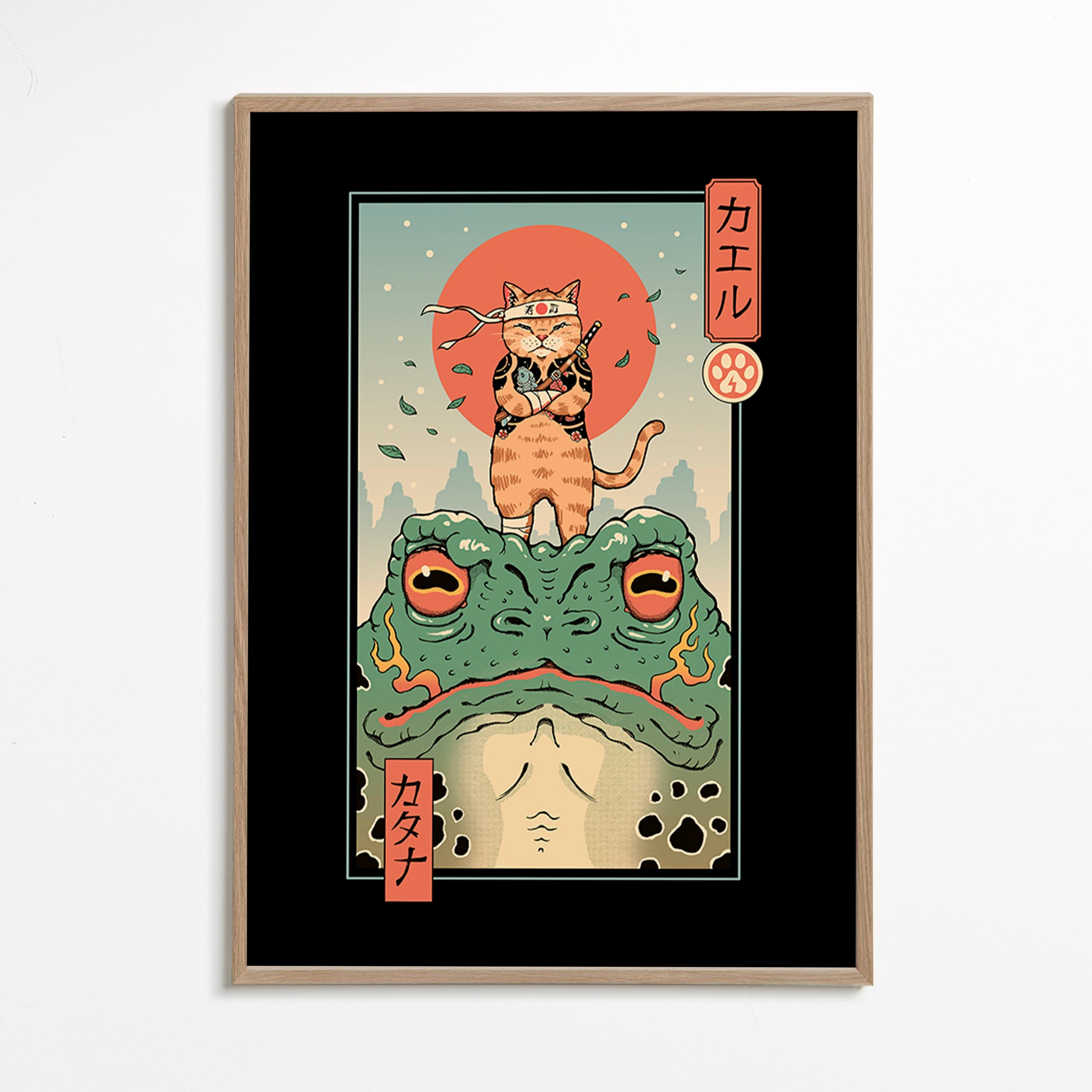 Cuadro gato samurái sobre rana ilustrada – Oak Frame