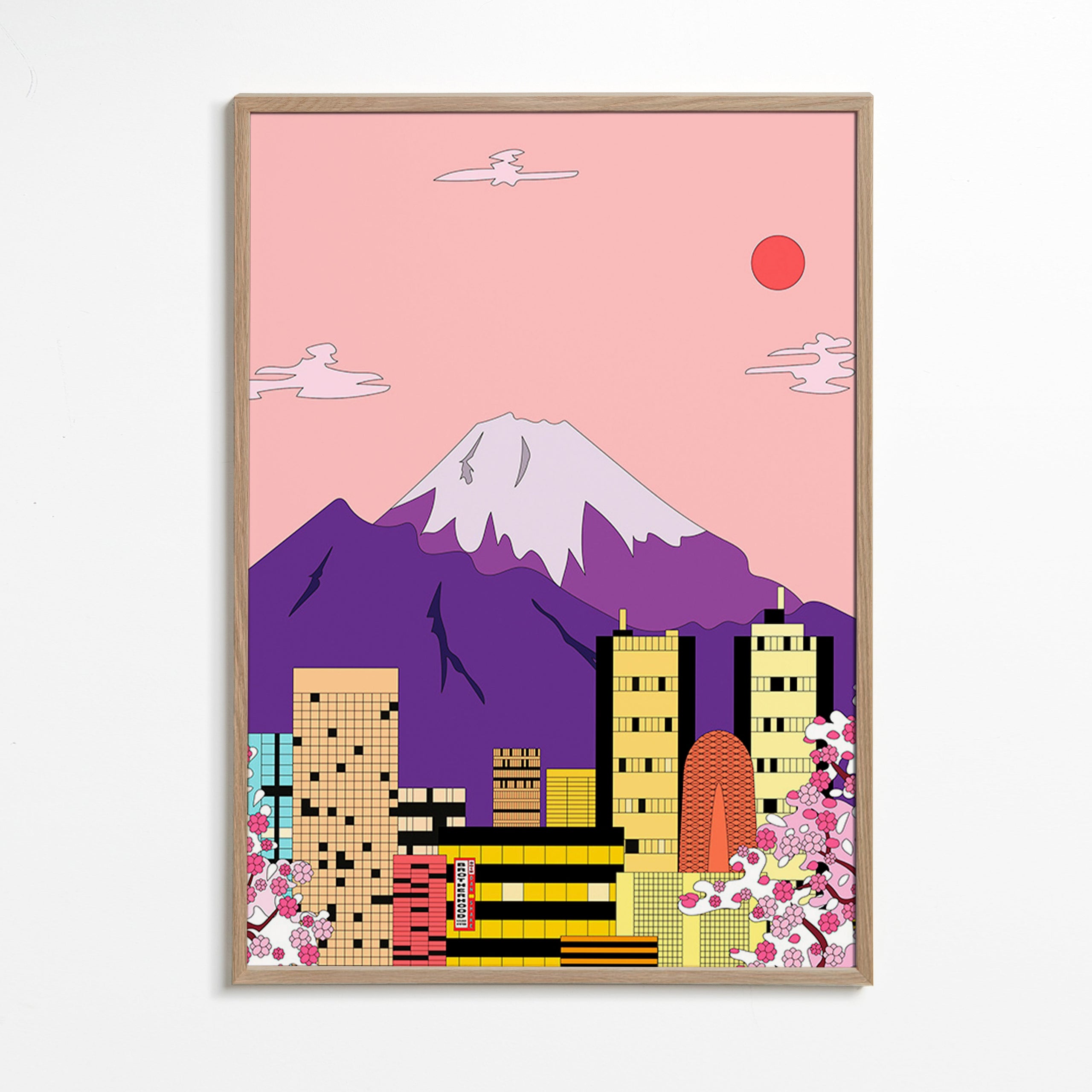 Cuadro de ciudades con Fuji y sakura – Oak Frame
