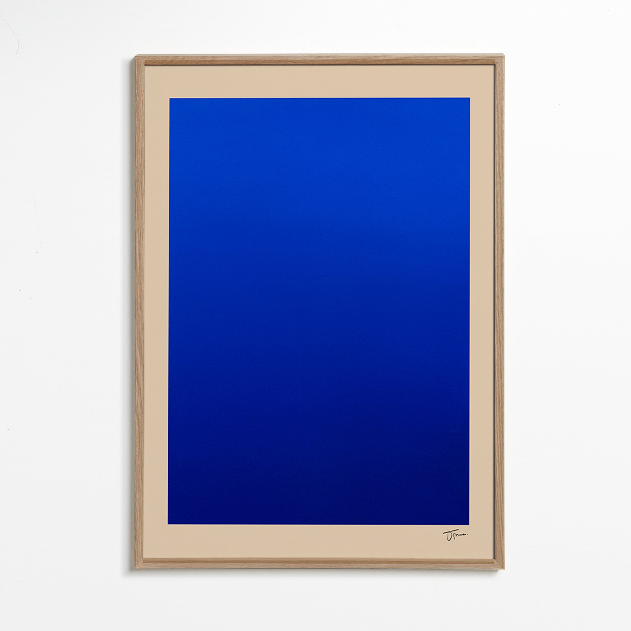 Cuadro abstracto con campo azul y borde beige – Oak Frame