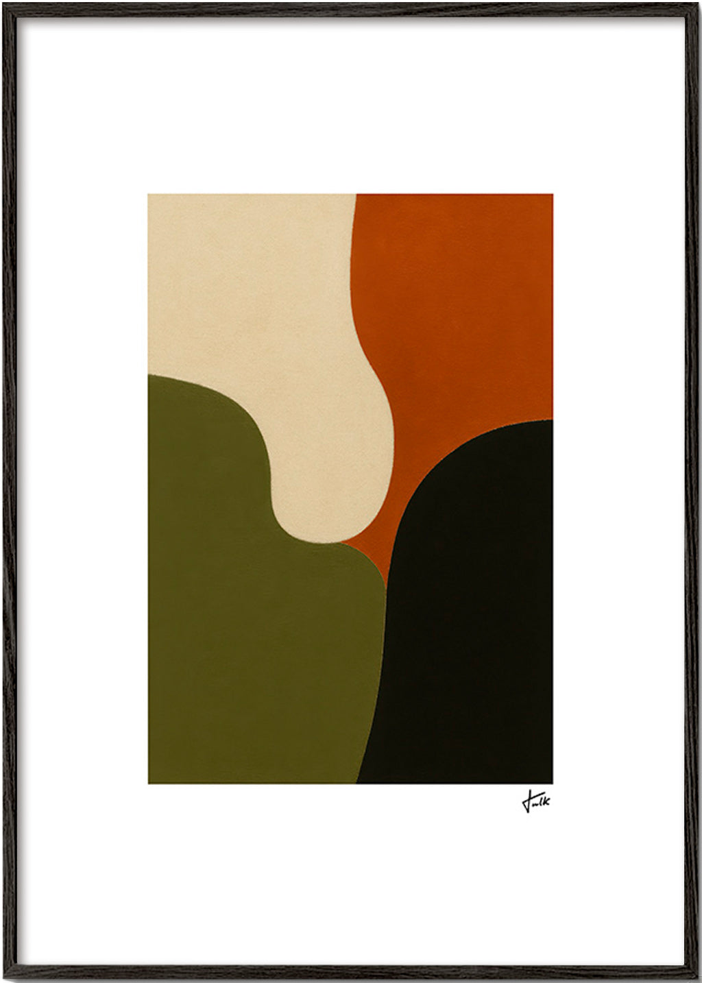 Cuadro minimalista con formas orgánicas oliva – Black Frame