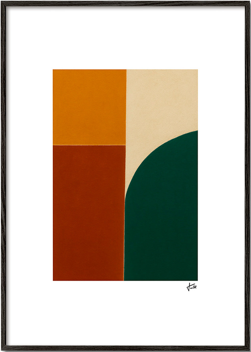 Cuadro geométrico con curva verde y bloques ocres – Black Frame