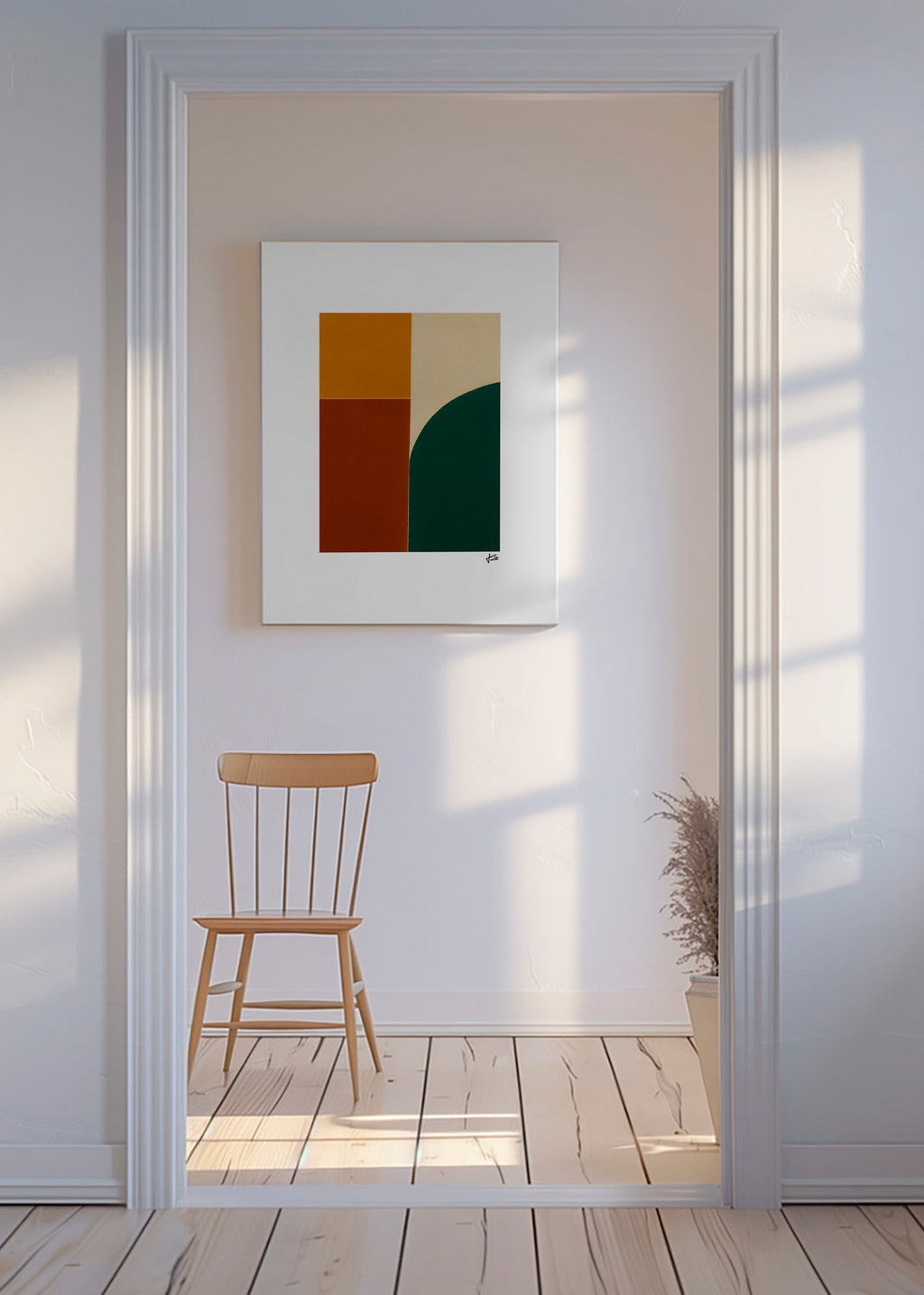 Cuadro geométrico con curva verde y bloques ocres – Canvas