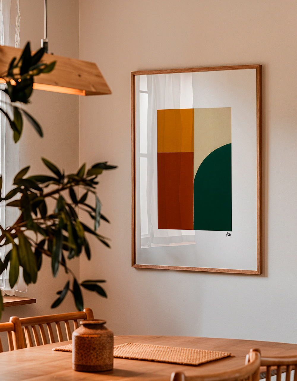 Cuadro geométrico con curva verde y bloques ocres – Product1