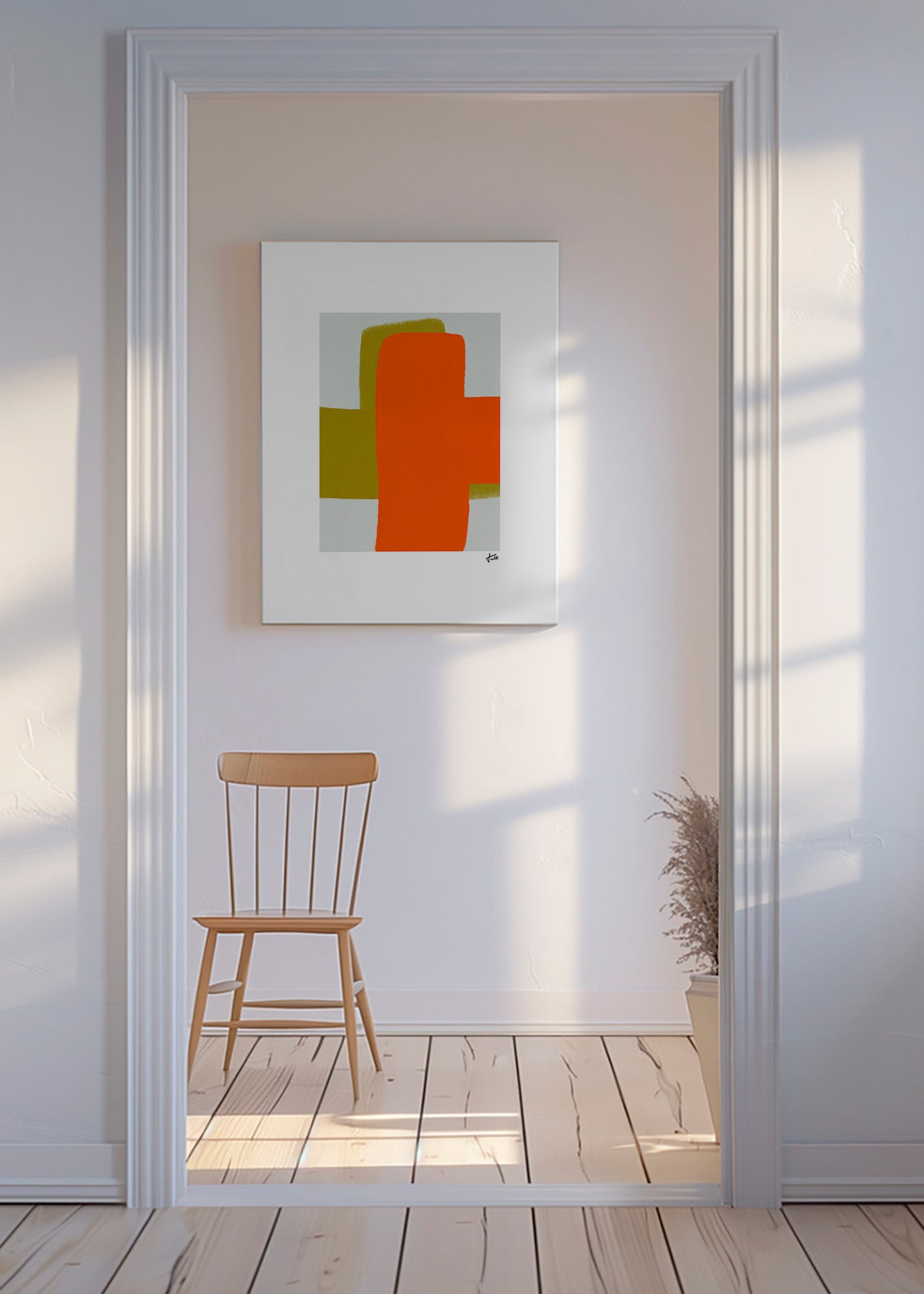 Cuadro abstracto naranja y verde con formas verticales – Canvas