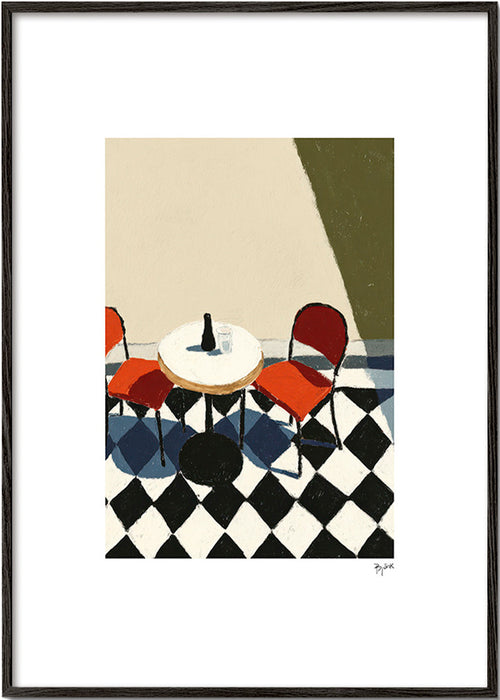 Cuadro de cocina: mesa de café sobre suelos ajedrezados – Black Frame