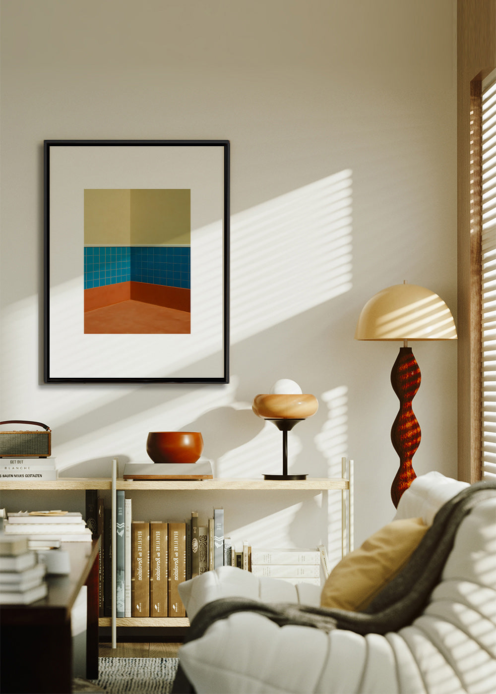 Cuadro minimalista: esquina de azulejos azules y suelo terracota – Canvas1