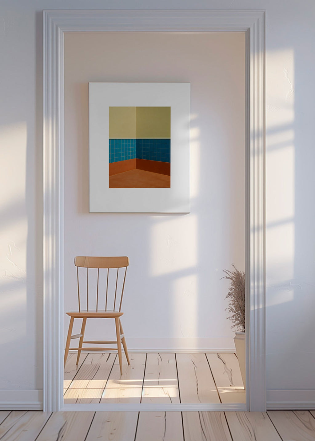 Cuadro minimalista: esquina de azulejos azules y suelo terracota – Canvas