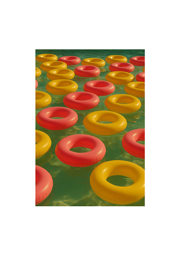 Cuadro geométrico con anillos flotantes rojos y amarillos