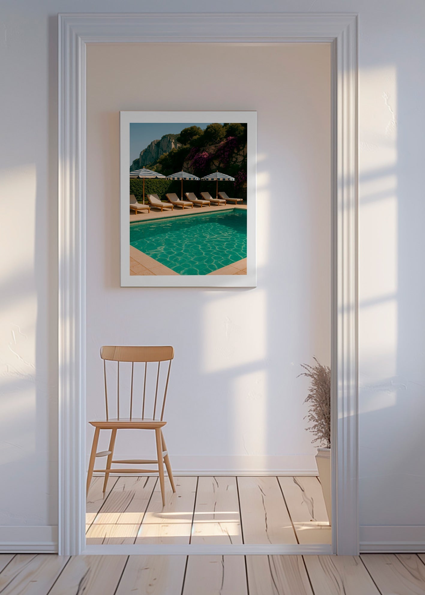 Fotografía de piscina con sombrillas y tumbonas – Canvas