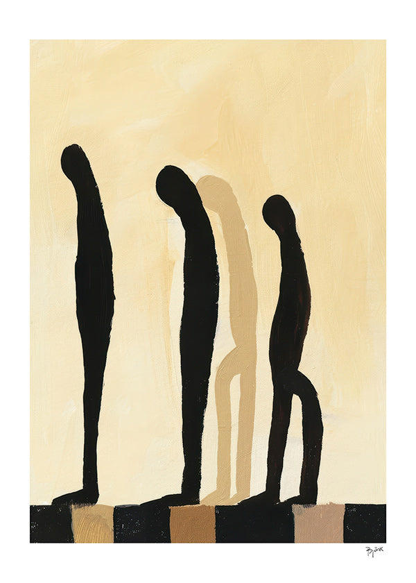 Cuadro abstracto de figuras alargadas sobre beige