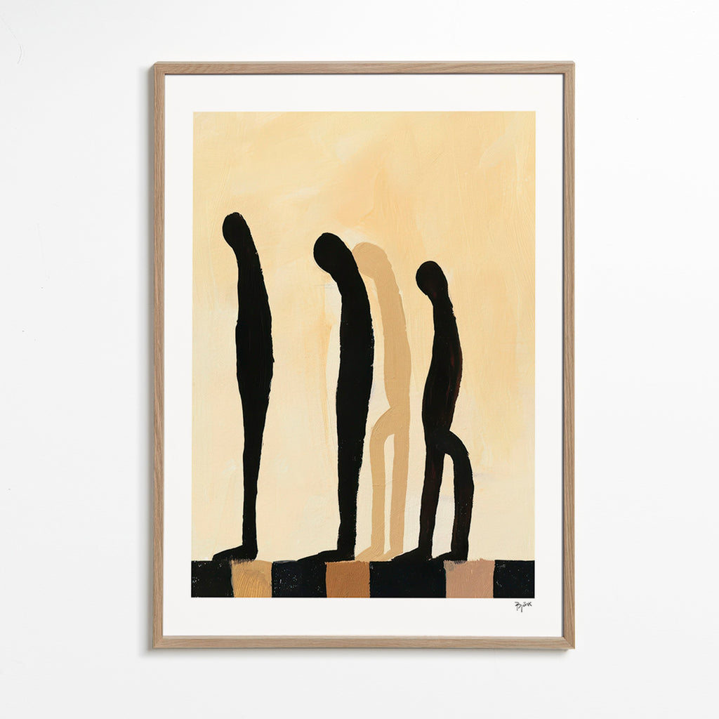 Cuadro abstracto de figuras alargadas sobre beige – Oak Frame