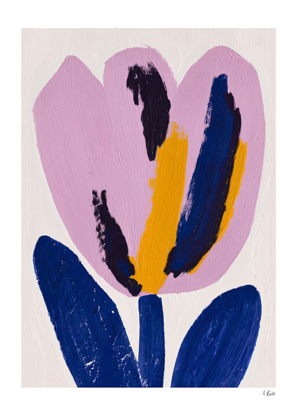 Lámina botánica con flor rosa y trazos azules