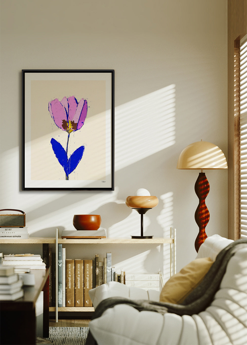 Lámina botánica con flor violeta y hoja azul – Canvas2