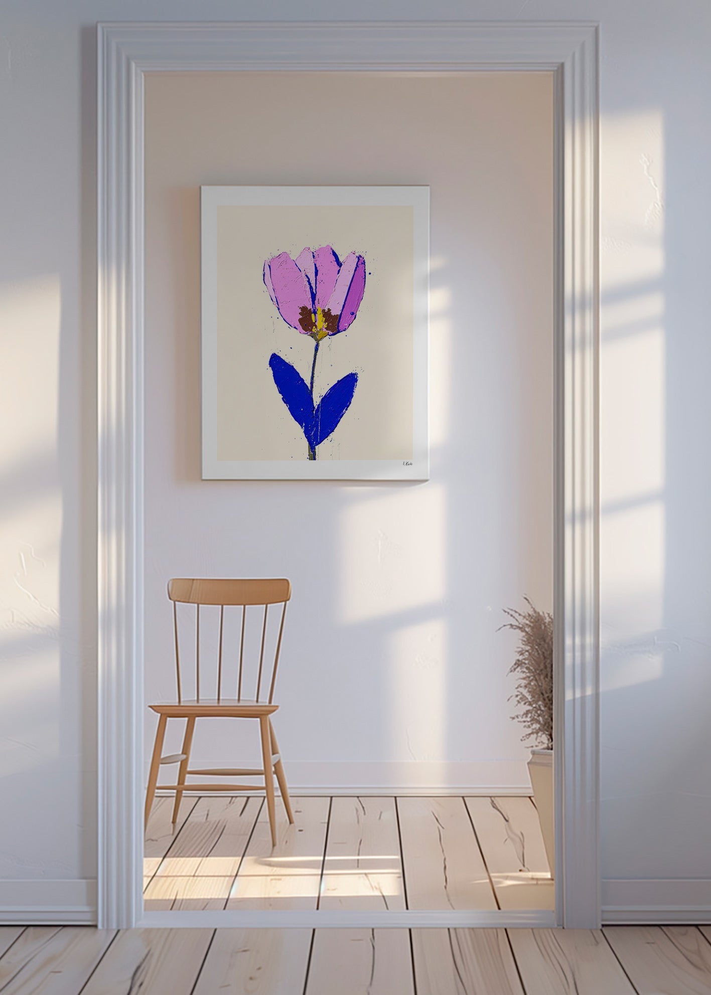 Lámina botánica con flor violeta y hoja azul – Canvas