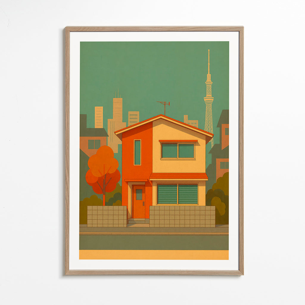 Cuadro de ciudades: casa japonesa ilustrada en paleta retro – Oak Frame