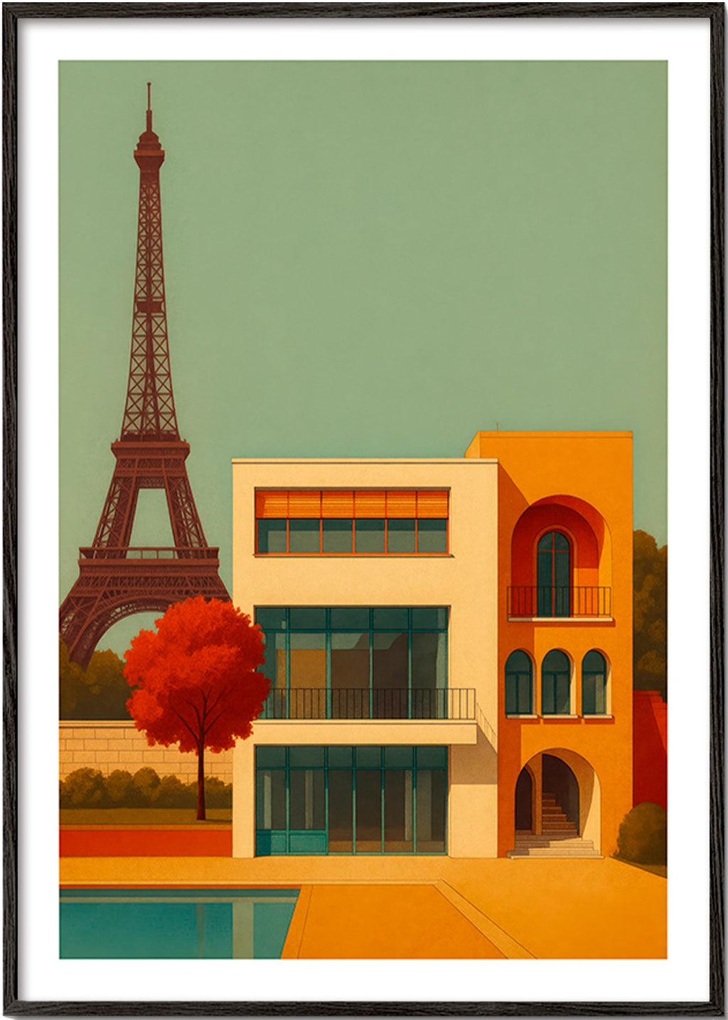 Cuadro de ciudades con casa moderna y Torre Eiffel – Black Frame