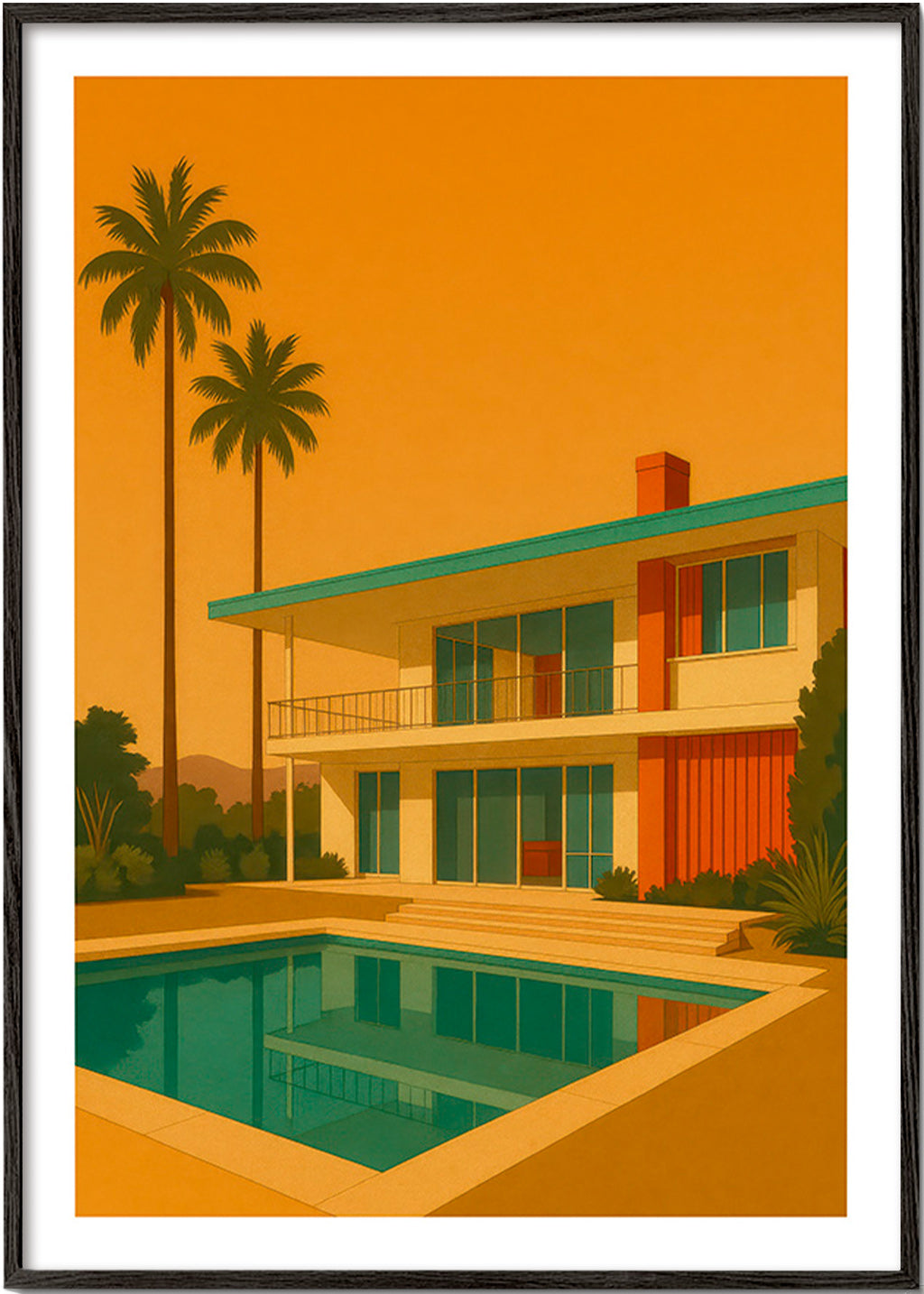 Cuadro villa moderna con piscina en hora dorada – Black Frame