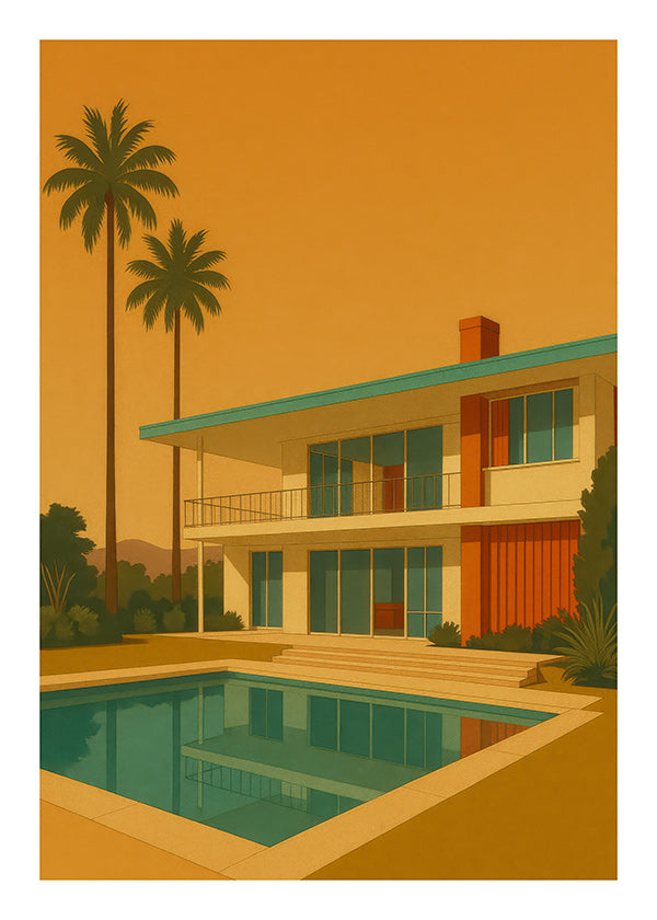 Cuadro villa moderna con piscina en hora dorada