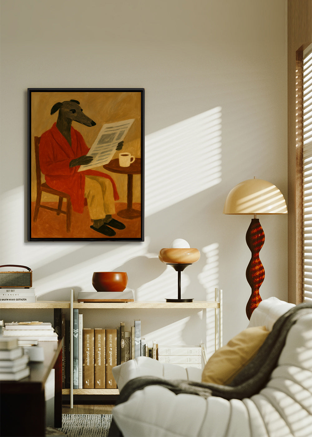 Cuadro de perro leyendo el periódico en bata roja – Canvas1