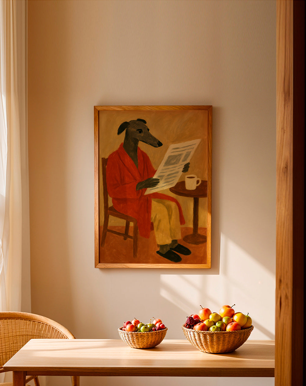 Cuadro de perro leyendo el periódico en bata roja – Product3