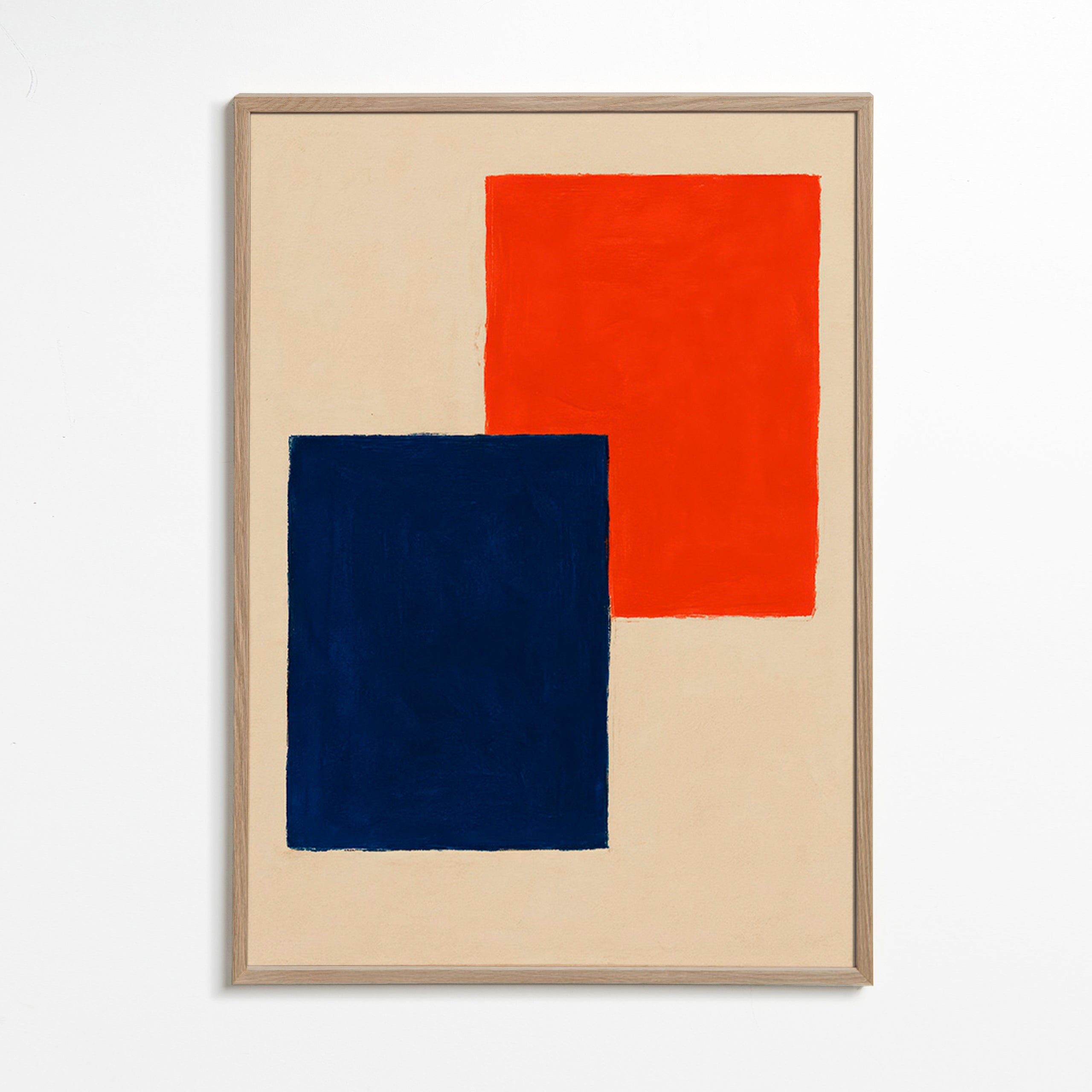 Cuadro abstracto: rectángulos superpuestos en rojo y azul – Oak Frame