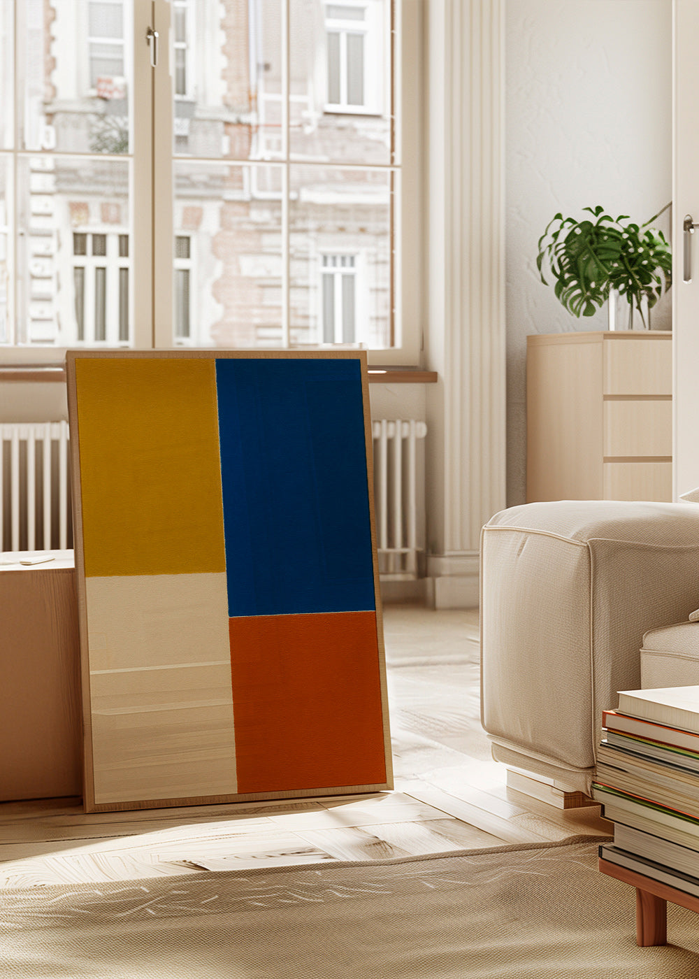 Cuadro abstracto de bloques mostaza y azul – Product2