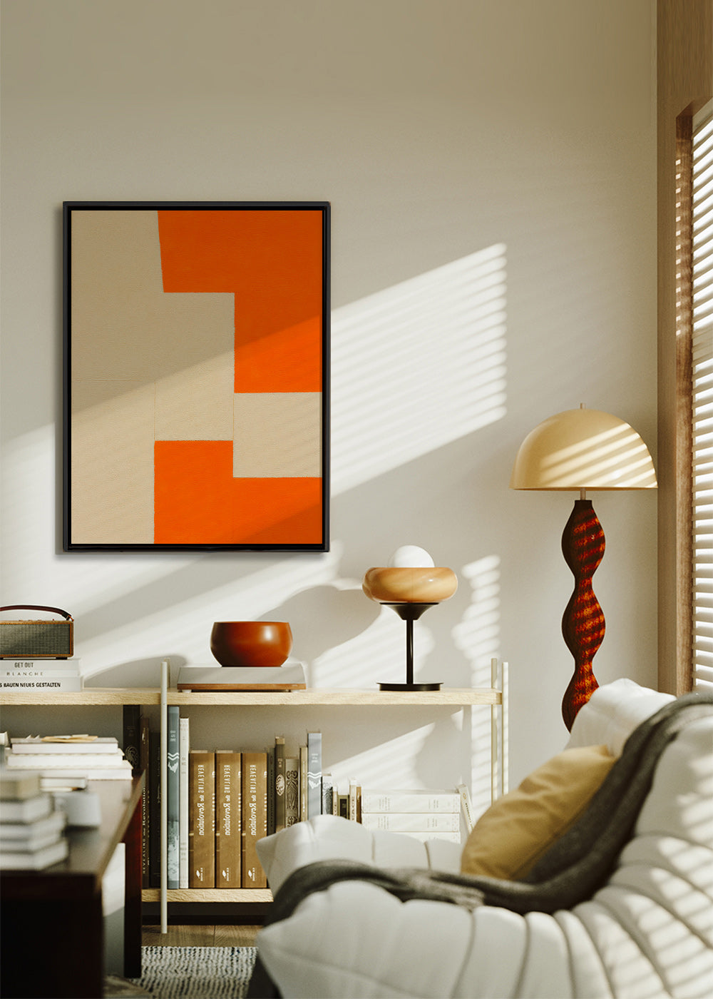 Cuadro geométrico en bloques beige y naranja – Canvas1