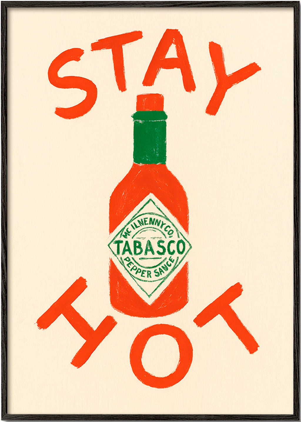 Cuadro de cocina Stay Hot con botella ilustrada – Black Frame