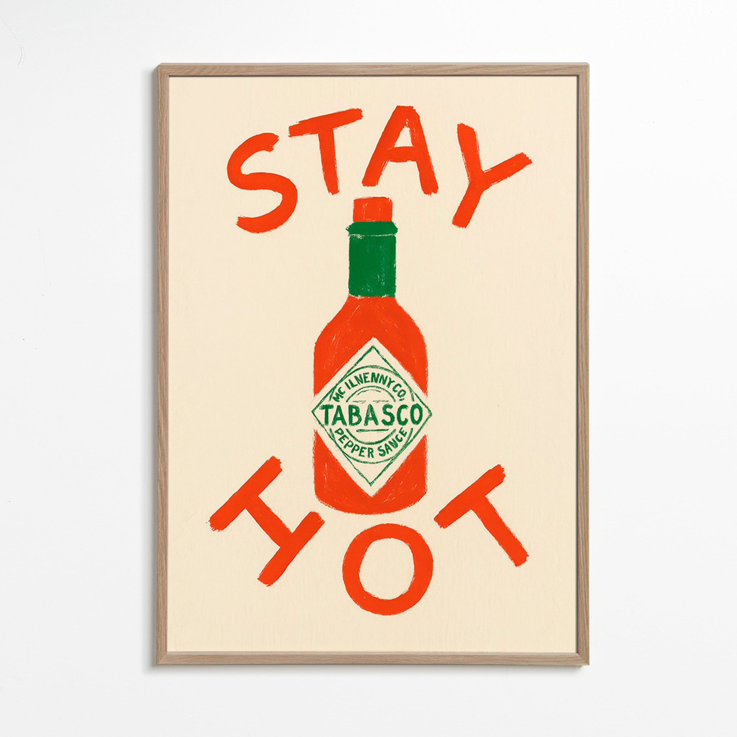 Cuadro de cocina Stay Hot con botella ilustrada – Oak Frame