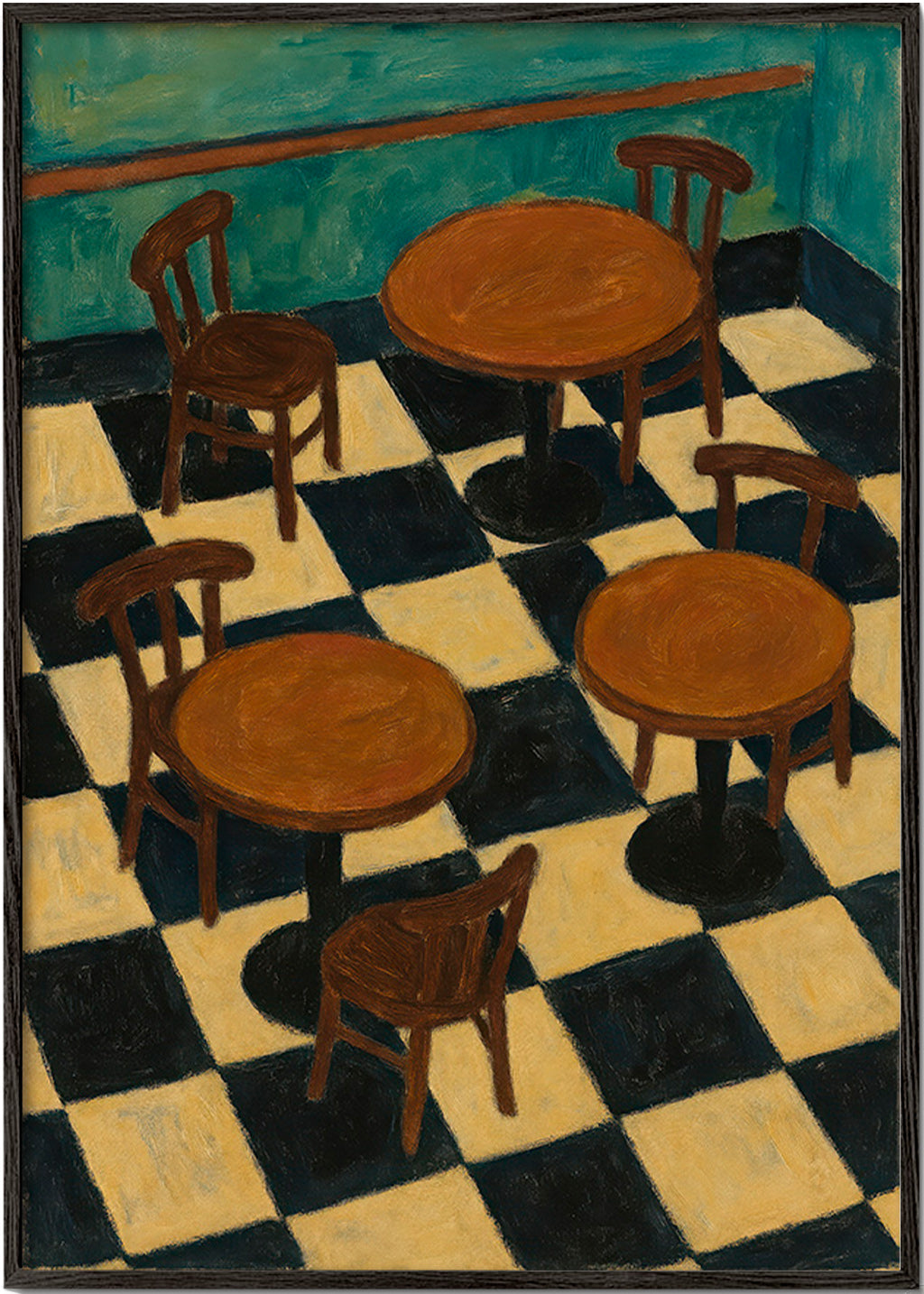 Cuadro de cocina con mesas bistró y suelo ajedrez – Black Frame