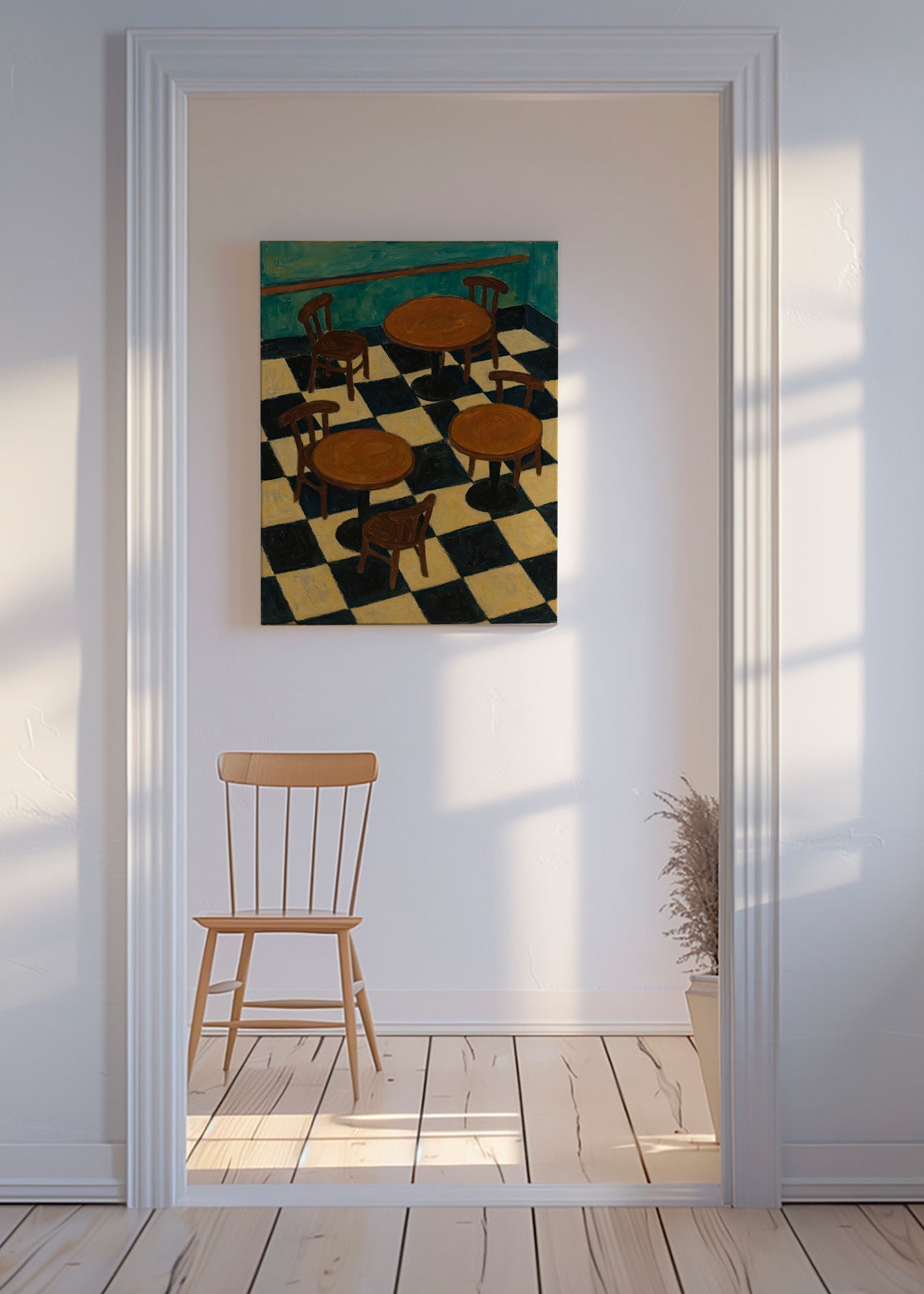 Cuadro de cocina con mesas bistró y suelo ajedrez – Canvas