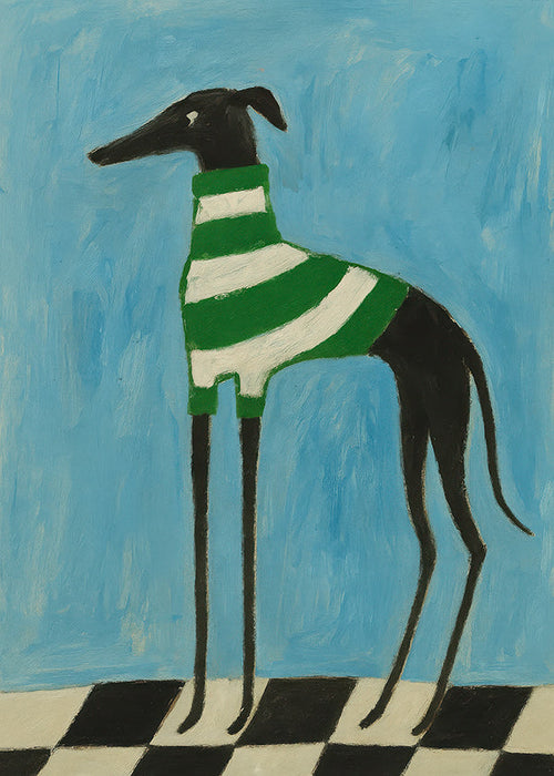 Cuadro perro estilizado con jersey a rayas verdes