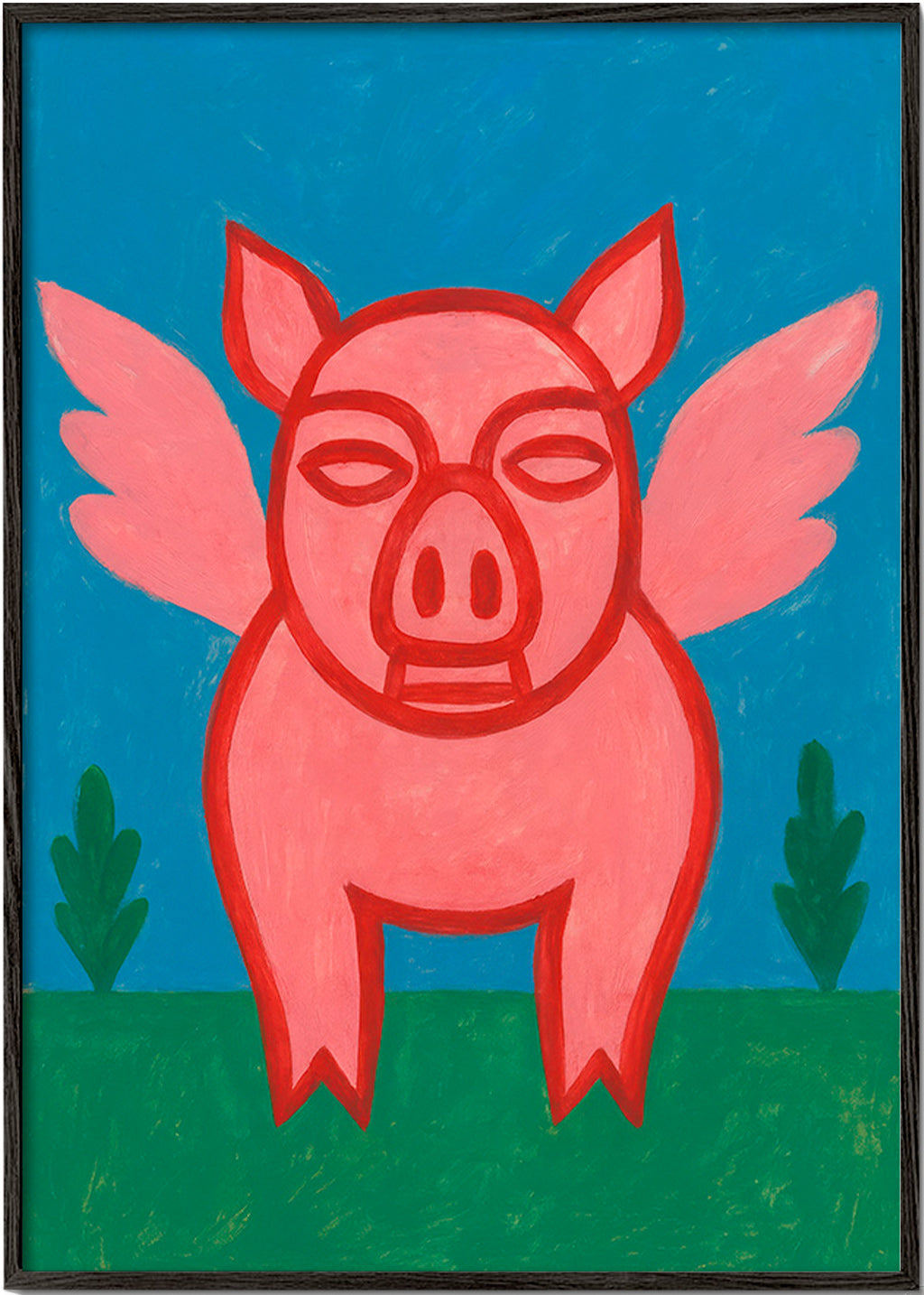 Cuadro cerdito alado en colores planos – Black Frame