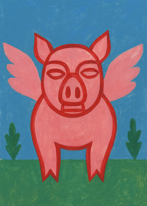 Cuadro cerdito alado en colores planos