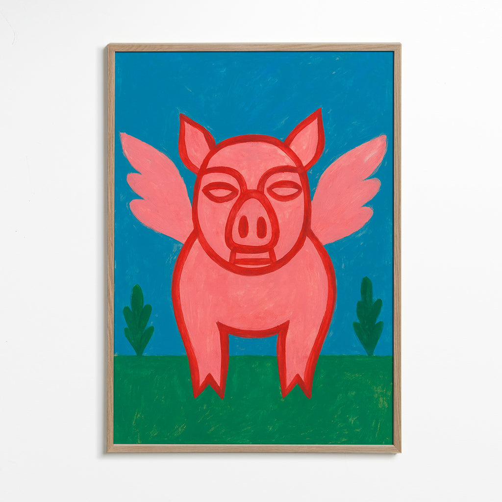 Cuadro cerdito alado en colores planos – Oak Frame