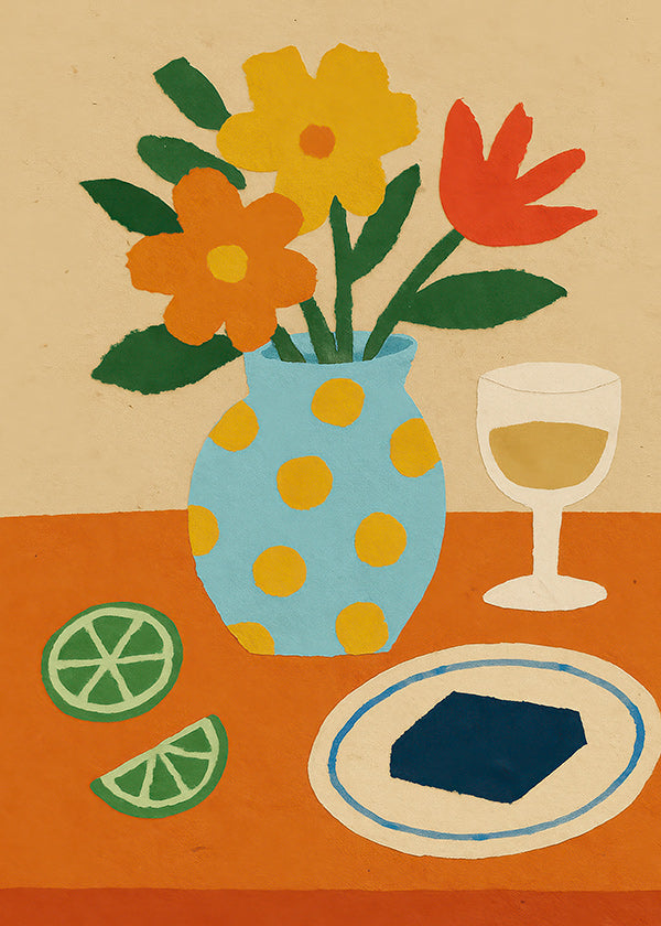 Cuadro de cocina con flores y aperitivo