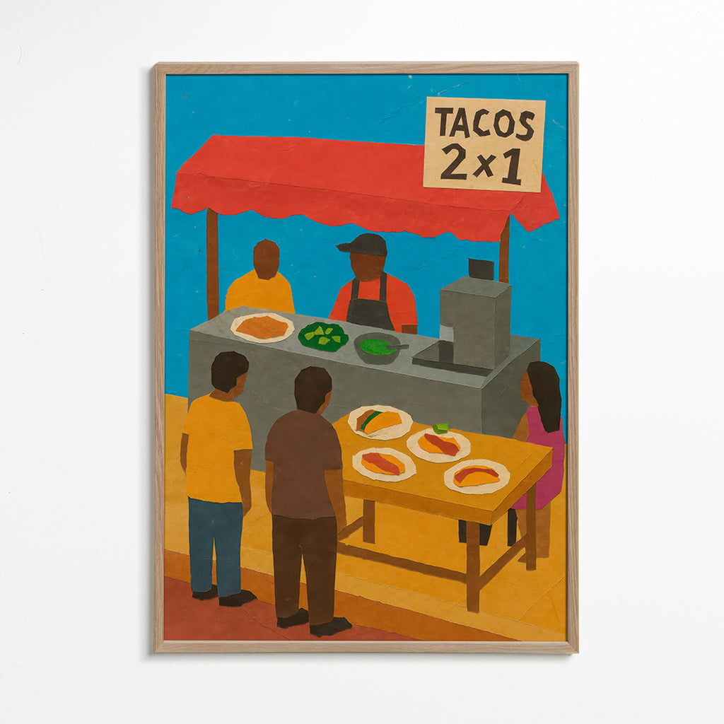 Cuadro de cocina con puesto de tacos ilustrado – Oak Frame
