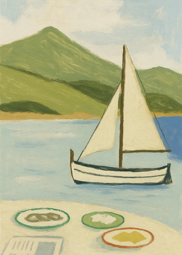 Cuadro de paisaje con vela en lago