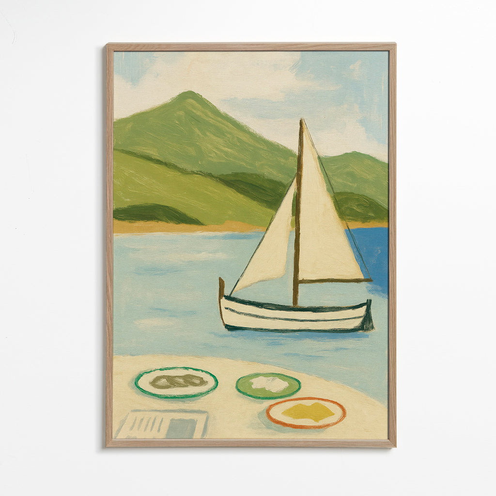 Cuadro de paisaje con vela en lago – Oak Frame