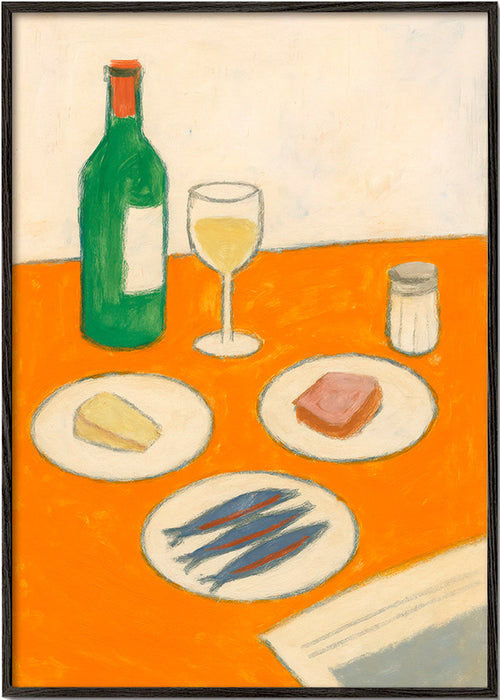 Cuadro de cocina con sardinas y copa de vino – Black Frame