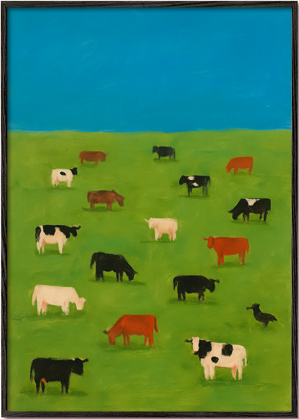 Cuadro de vacas pastando en pradera verde – Black Frame