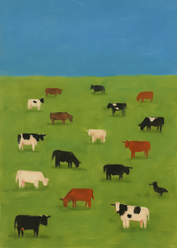 Cuadro de vacas pastando en pradera verde