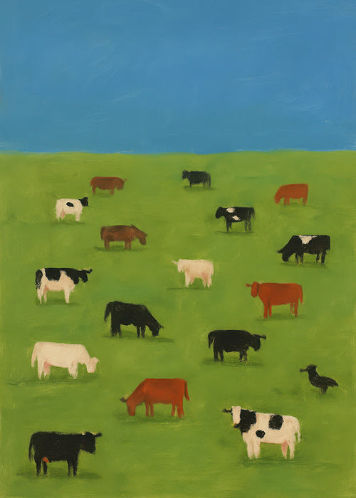 Cuadro de vacas pastando en pradera verde