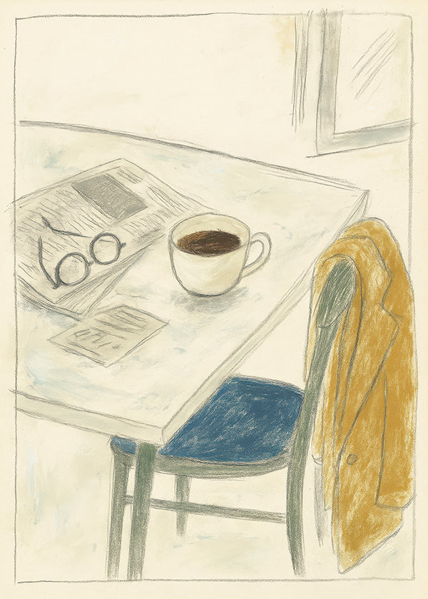 Cuadro de cocina con taza y abrigo informal