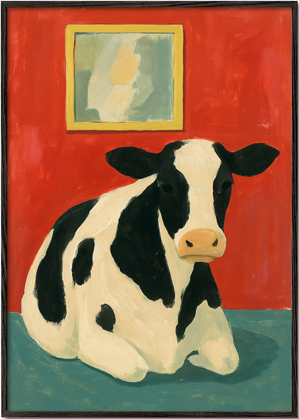 Cuadro vaca reposando en fondo rojo – Black Frame