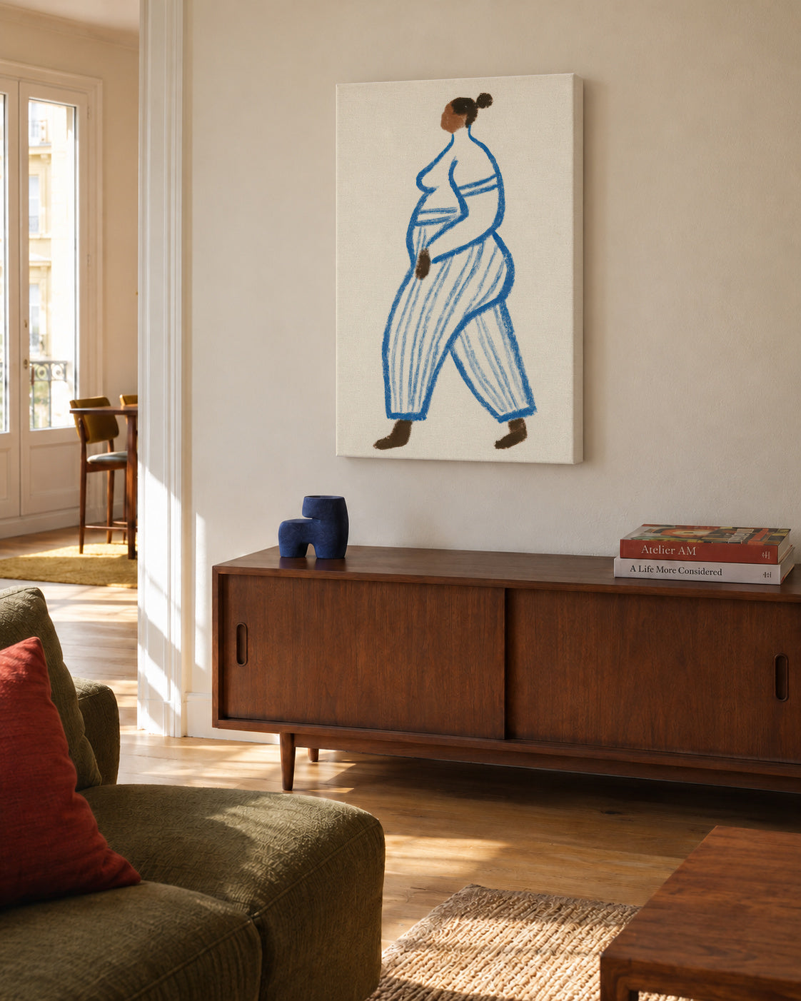 Blue Stripes Walk - Unframed canvas in an interior