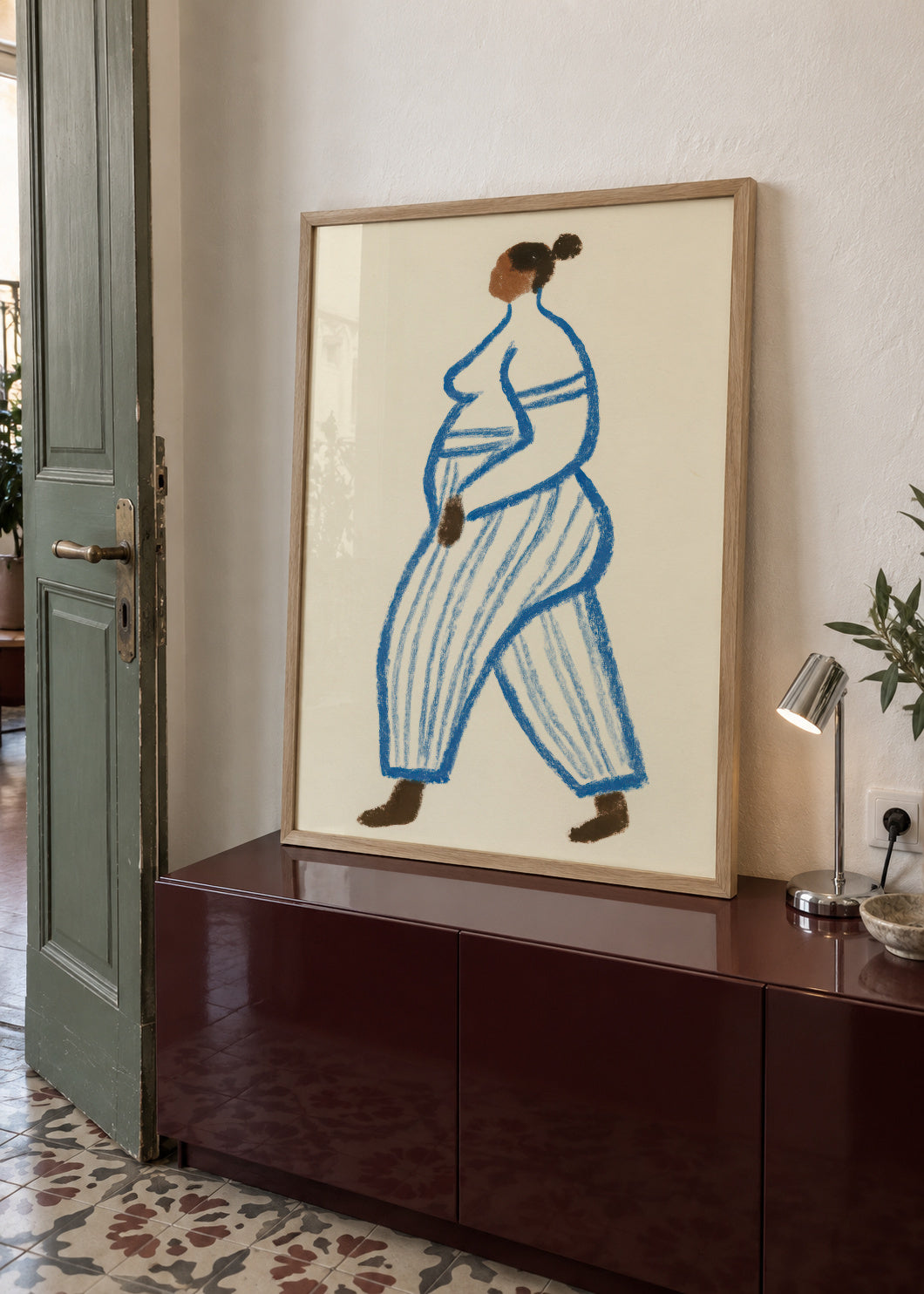 Blue Stripes Walk - Framed poster in an interior