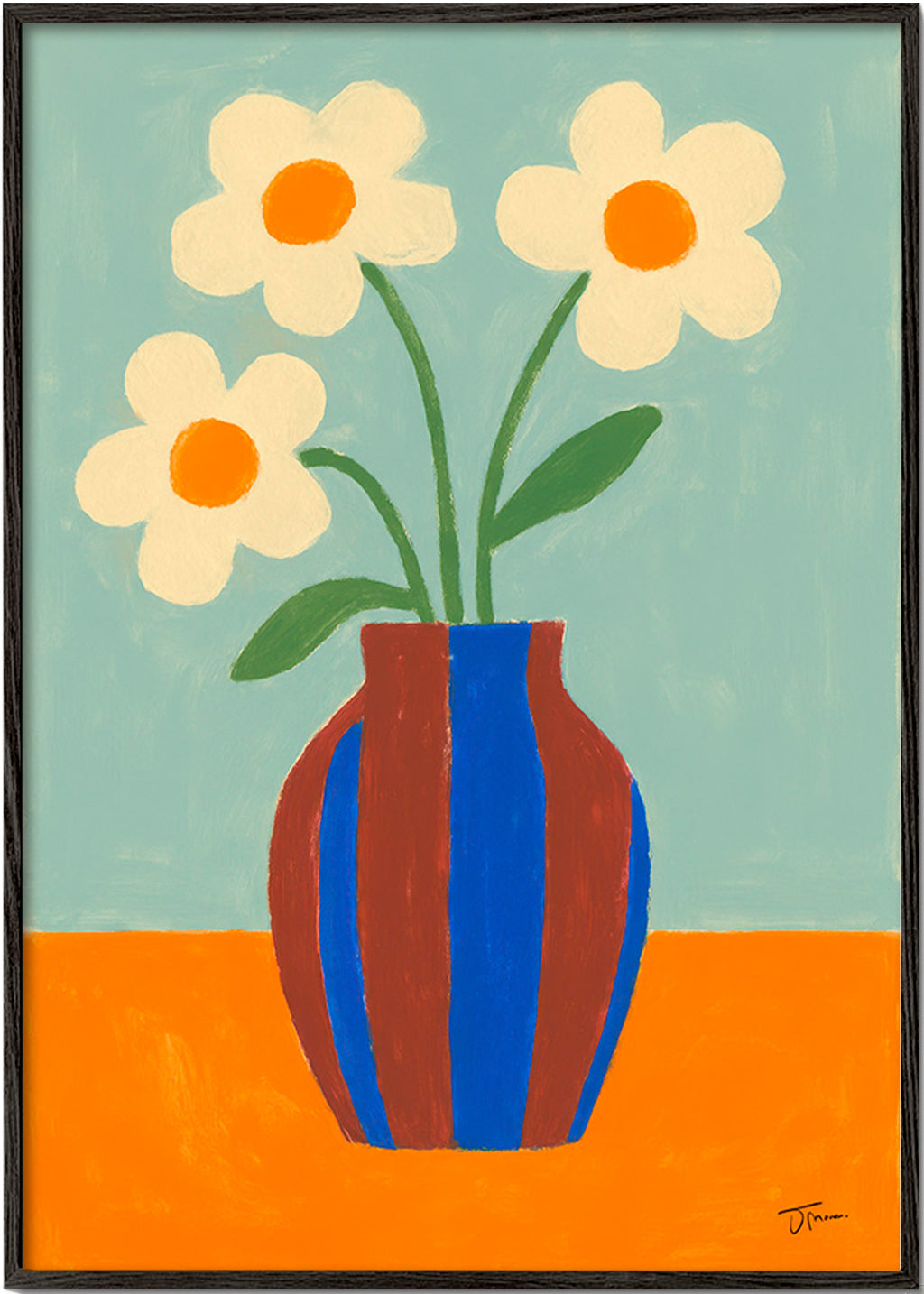 Lámina botánica con jarrón rayado y flores crema – Black Frame